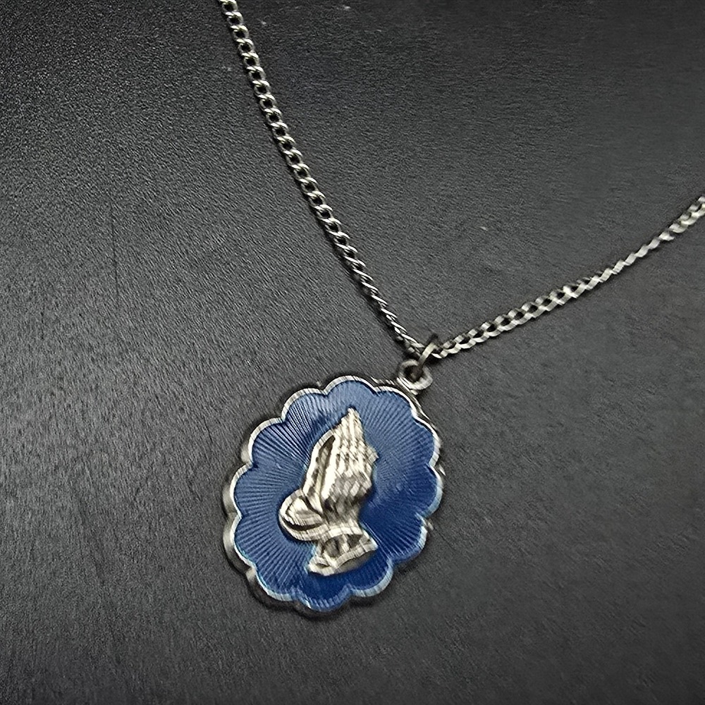 Blue Enamel Praying Hands Pendant Necklace Silver tone Vintage Religious Jewelry